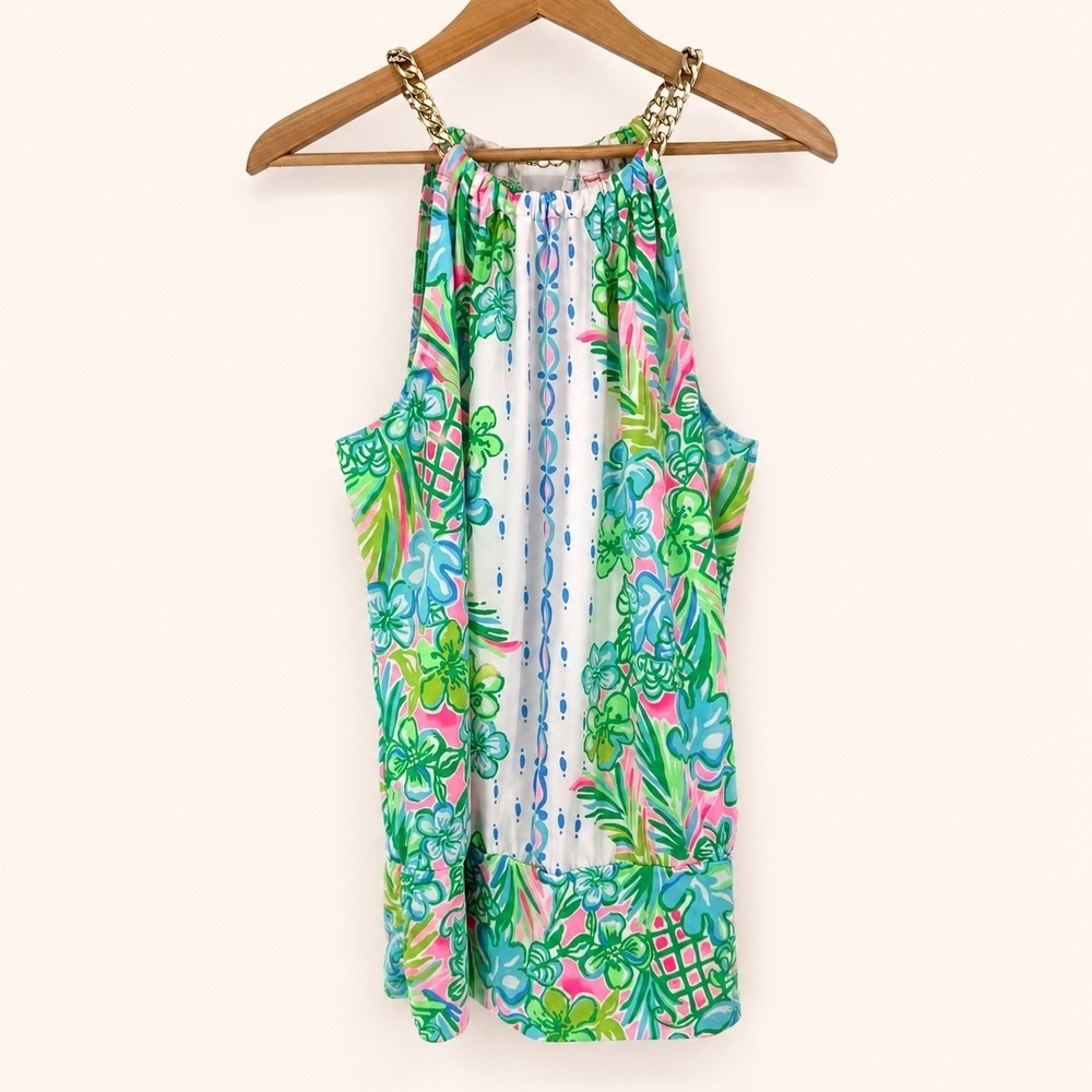 Lilly Pulitzer Women Large Bowen Halter Top Coconut Row Chain Neck Resort Beachy